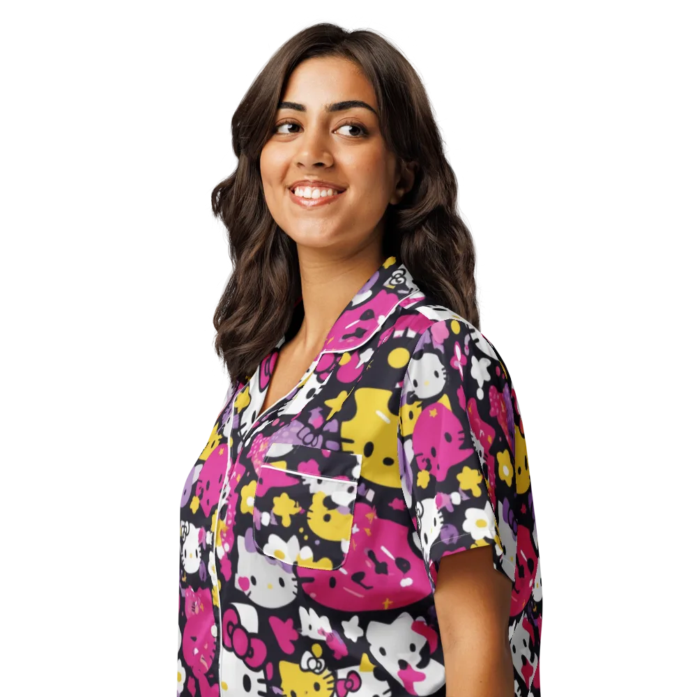 Neon Kitty Carnival on Women's Short Sleeve Pajama Top — Left Front