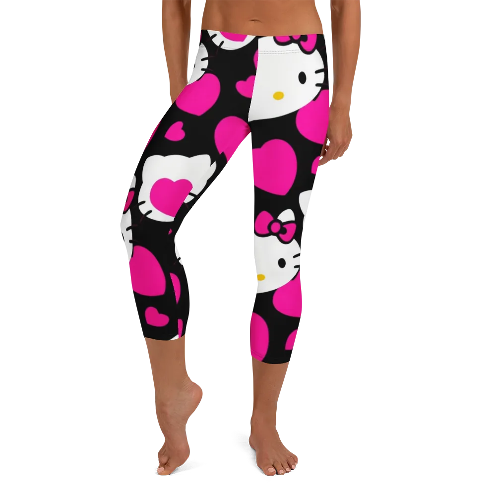 Neon Kitty Hearts on Capri Leggings — Front