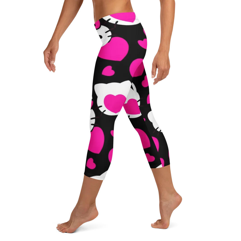Neon Kitty Hearts on Capri Leggings — Left
