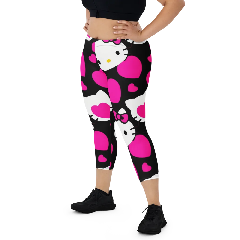 Neon Kitty Hearts on Capri Leggings — Front