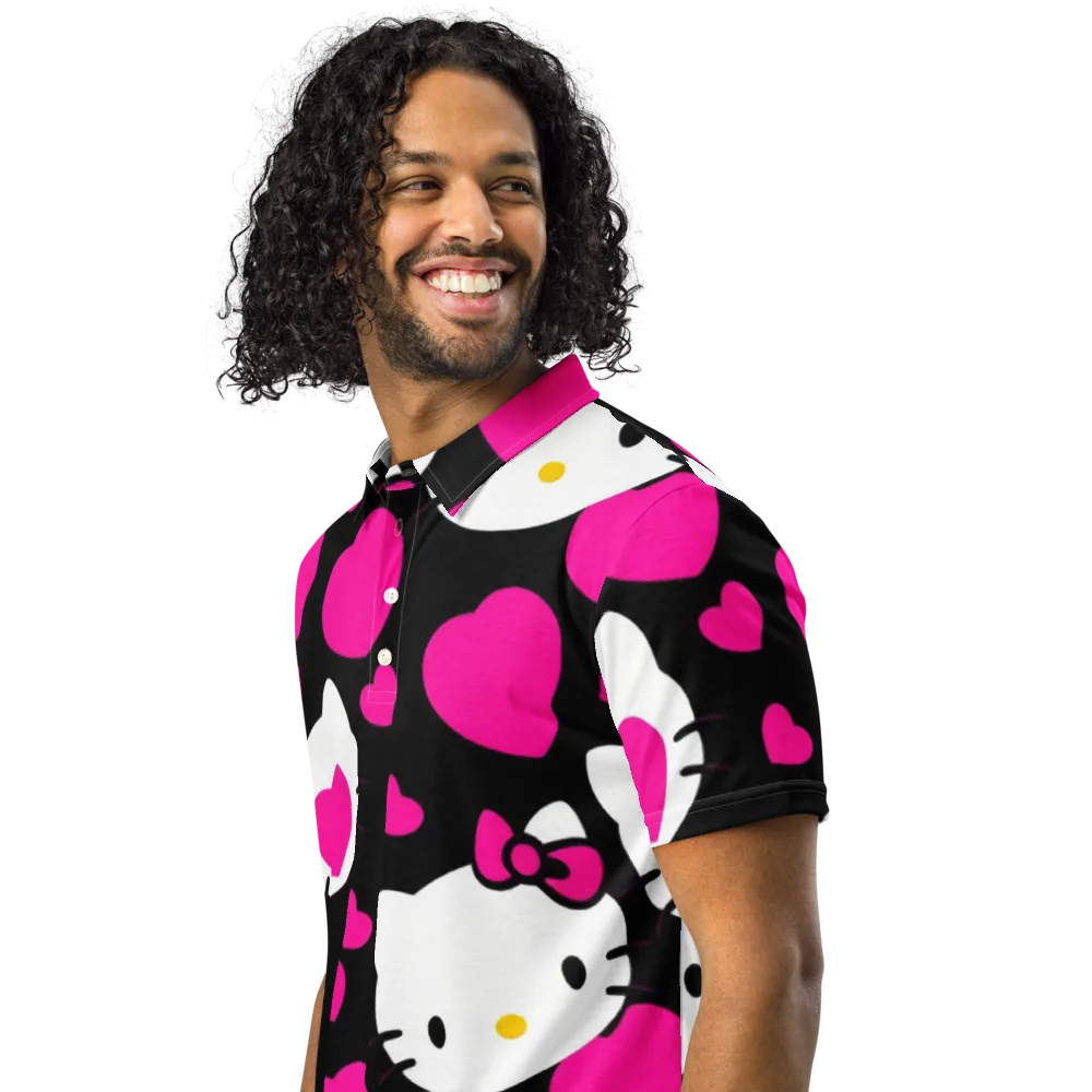 Neon Kitty Hearts on Men's Slim Fit Polo Shirt — Left Front