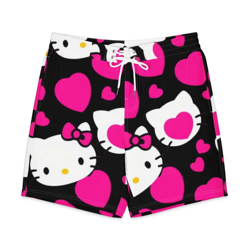 Neon Kitty Hearts on Men's Board Shorts — Front
