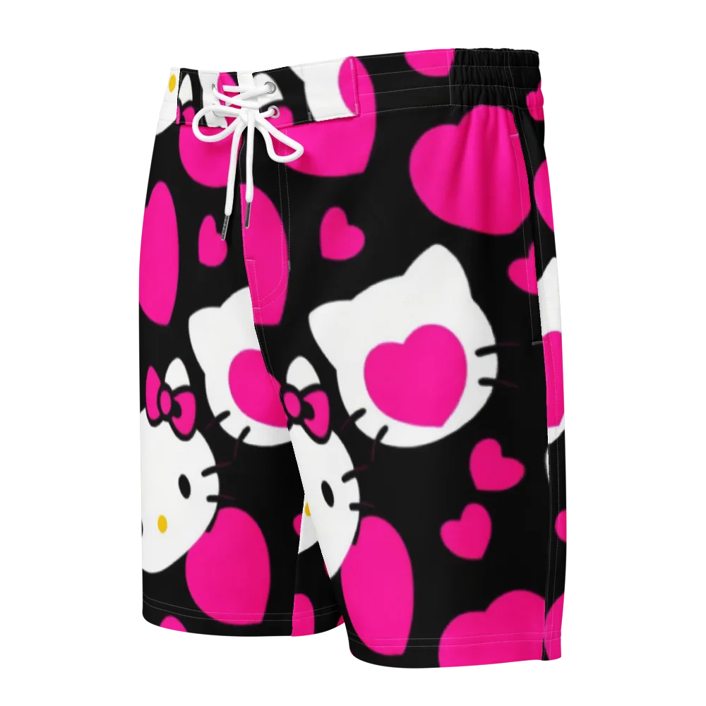 Neon Kitty Hearts on Men's Board Shorts — Front