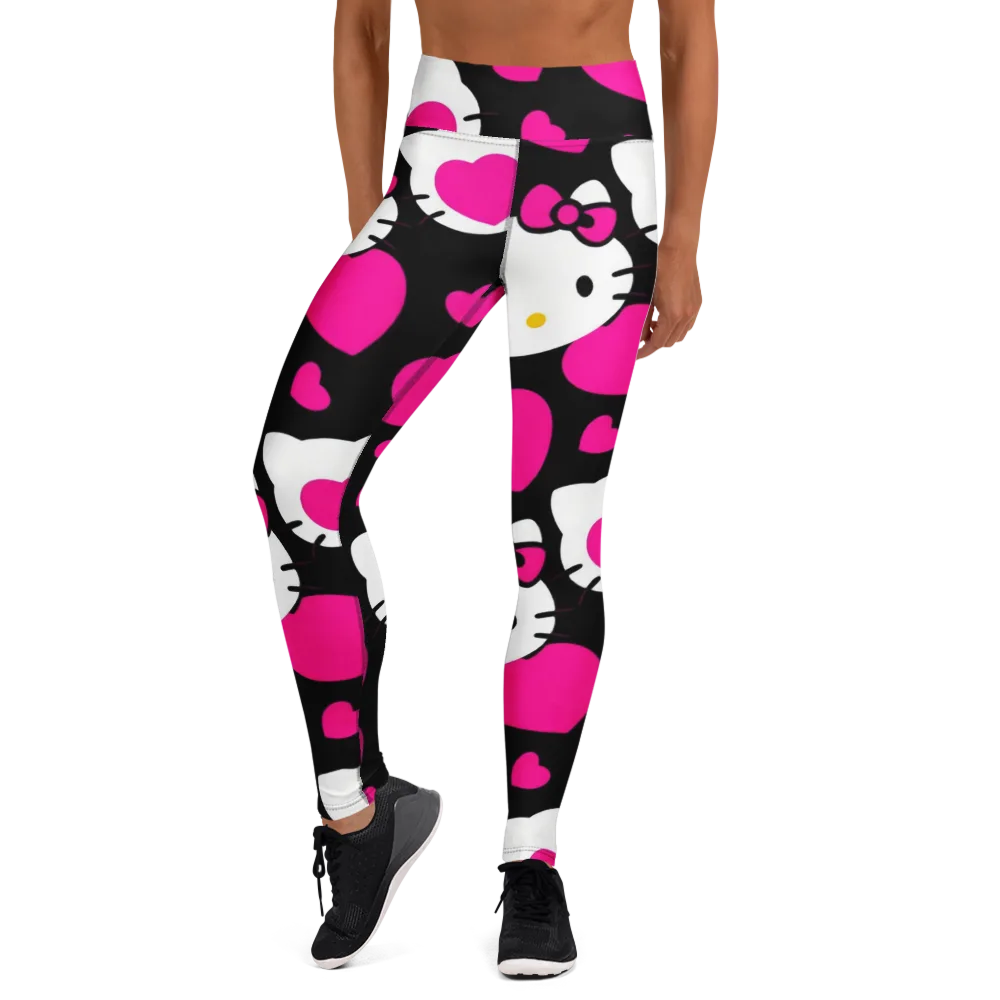 Neon Kitty Hearts on Yoga Leggings — Front