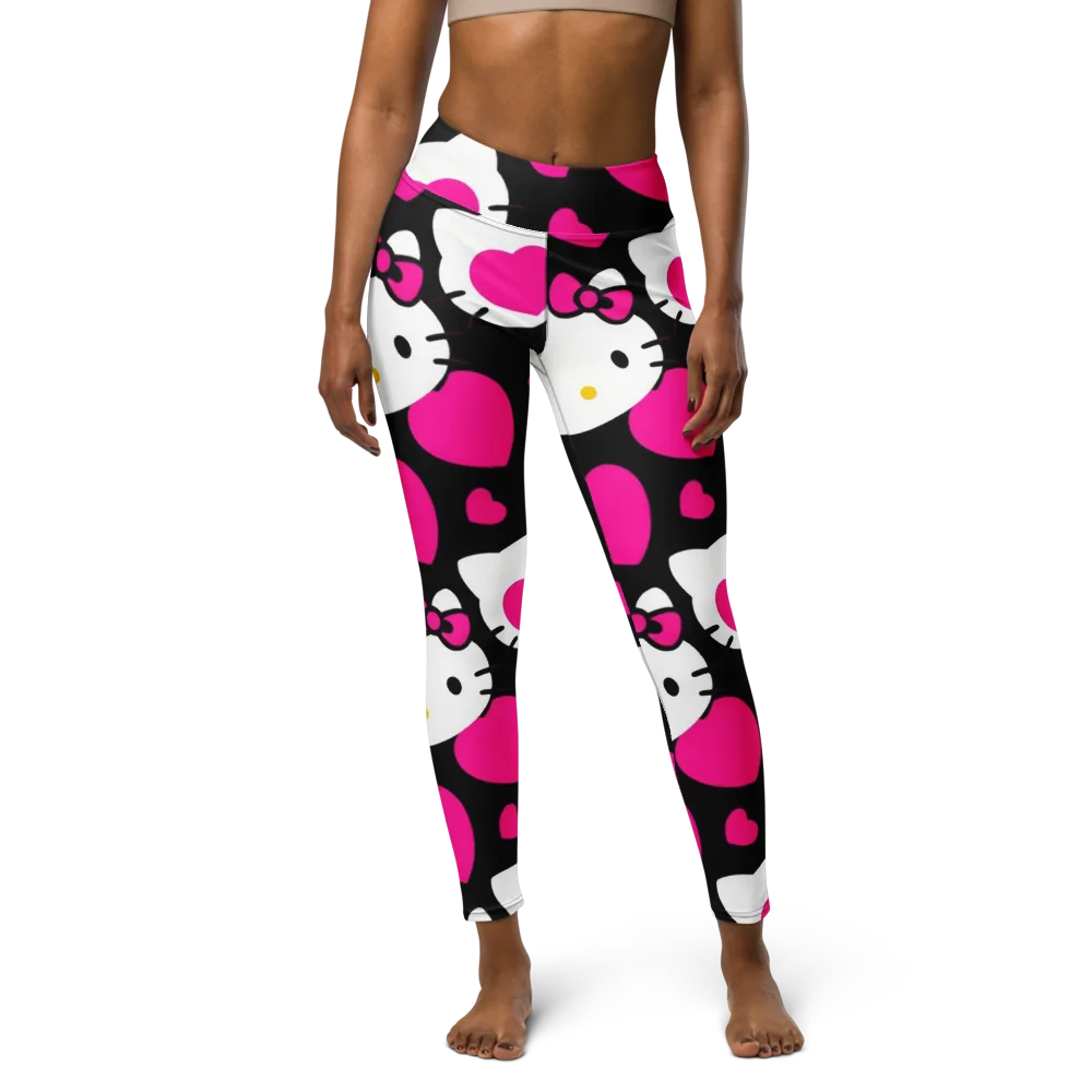 Neon Kitty Hearts on Yoga Leggings — Front