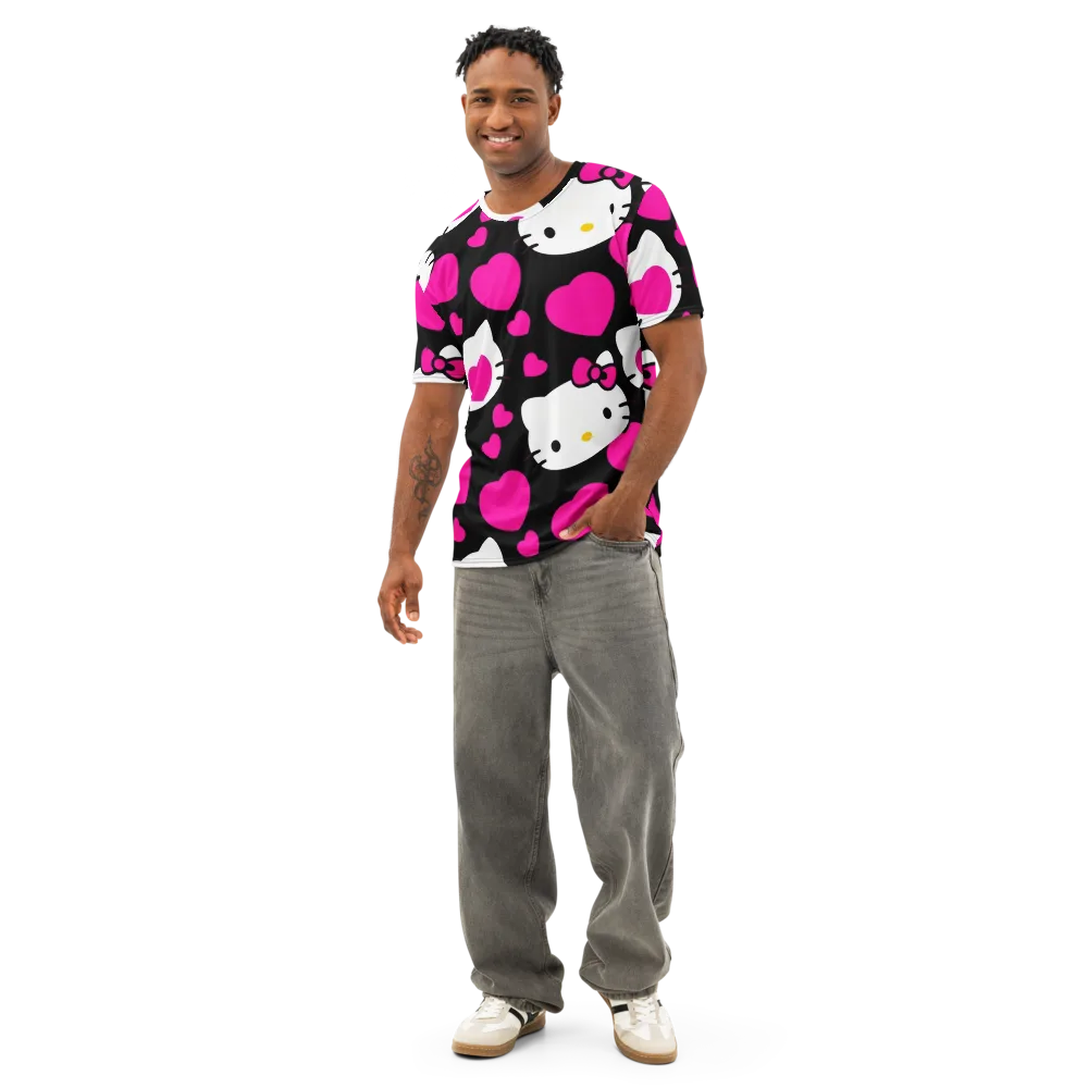 Neon Kitty Hearts on Men's Cotton Crew Neck T-Shirt — Front