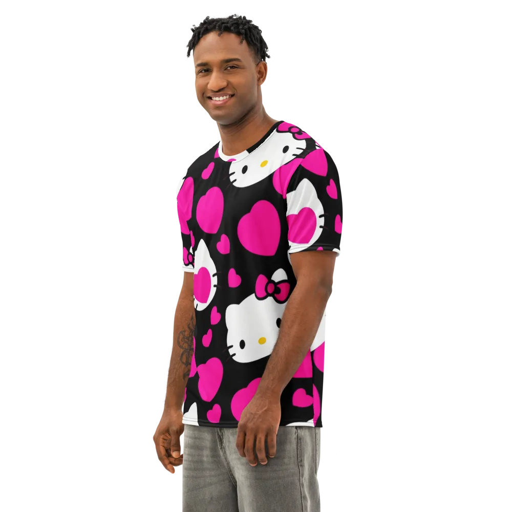 Neon Kitty Hearts on Men's Cotton Crew Neck T-Shirt — Left Front