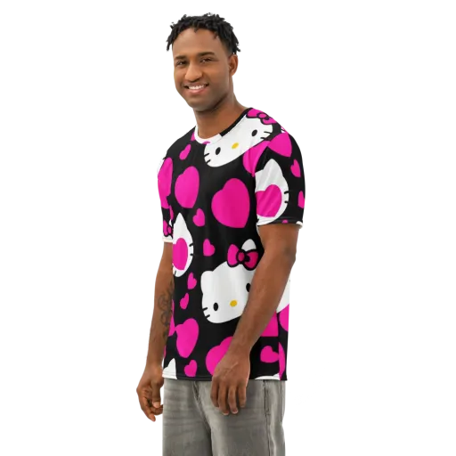 Neon Kitty Hearts on a Men's Cotton Crew Neck T-Shirt
