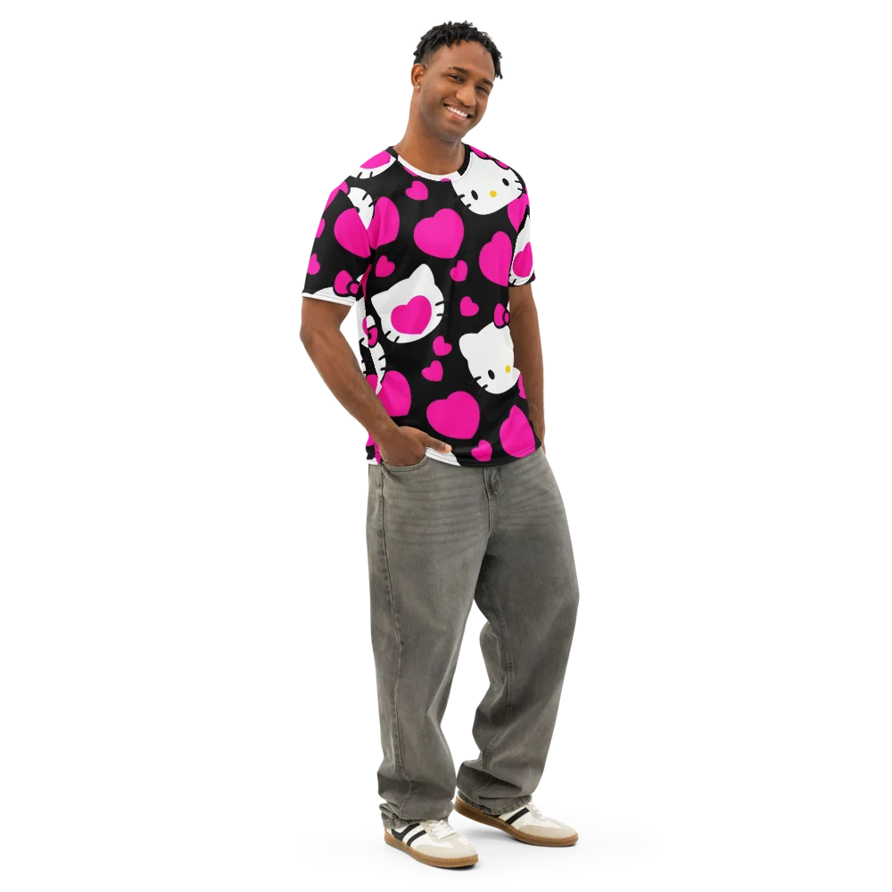 Neon Kitty Hearts on Men's Cotton Crew Neck T-Shirt — Right Front