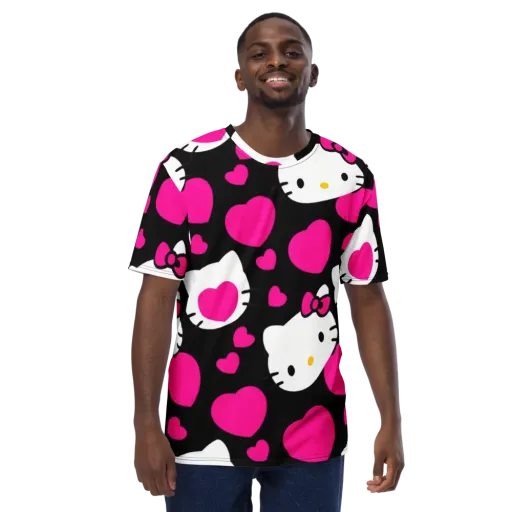 Neon Kitty Hearts on a Men's Crew Neck T-Shirt