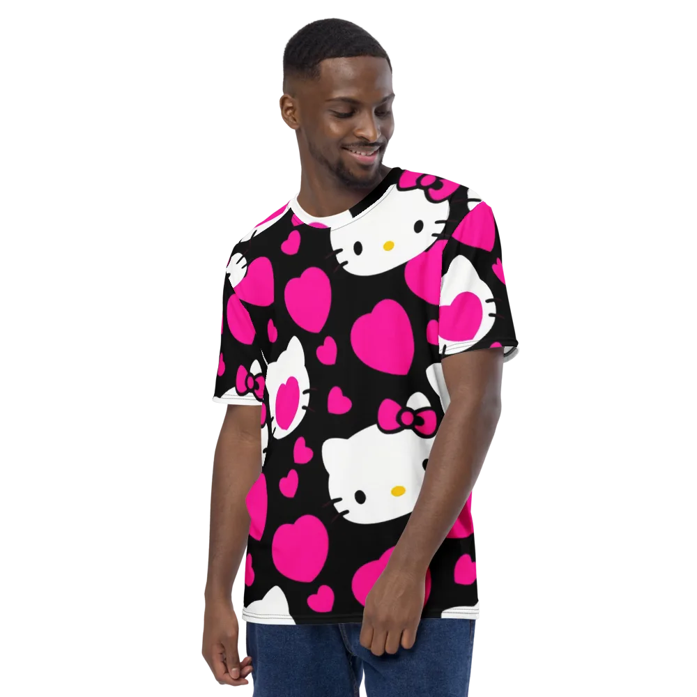 Neon Kitty Hearts on Men's Crew Neck T-Shirt — Left