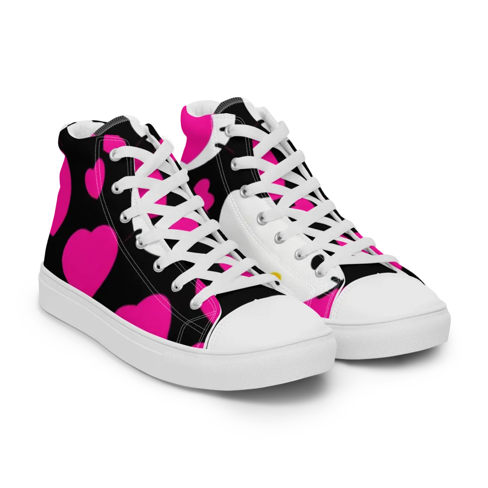 Neon Kitty Hearts on Men's High Top Canvas Shoes — Right Front