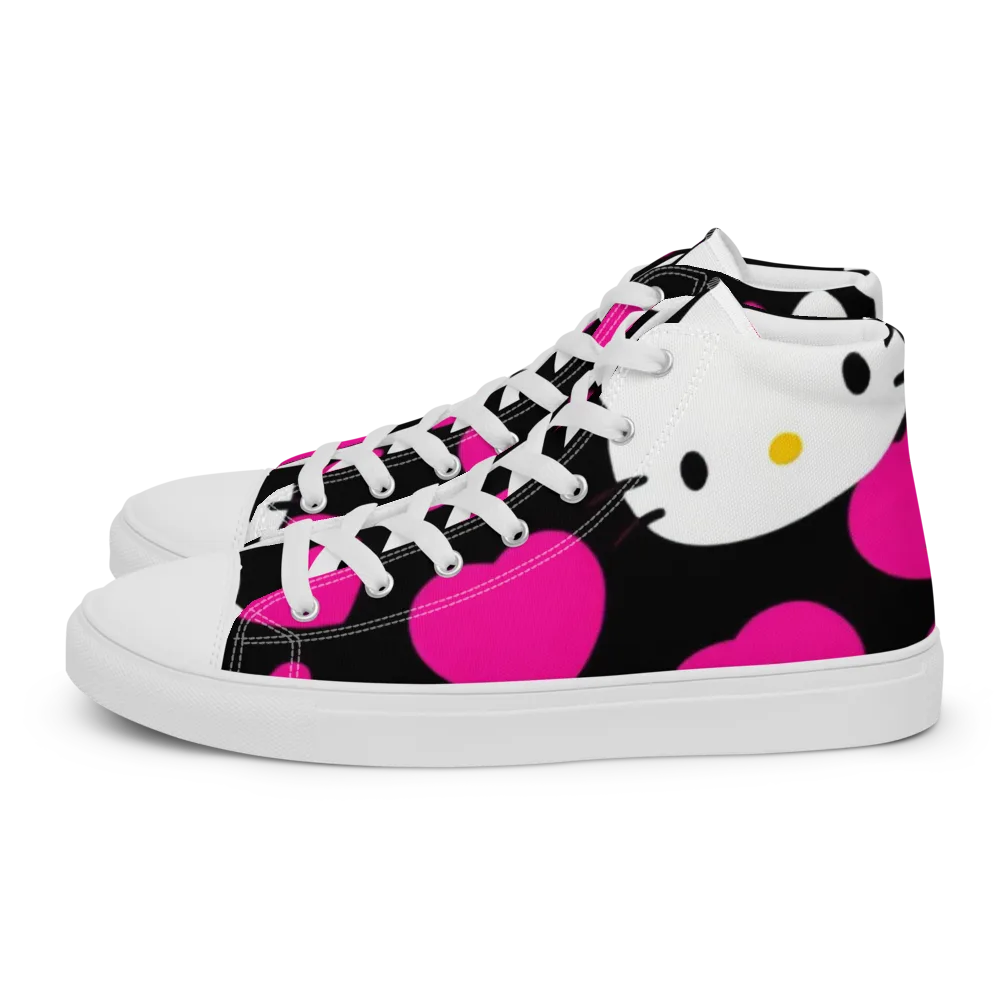 Neon Kitty Hearts on Men's High Top Canvas Shoes — Left