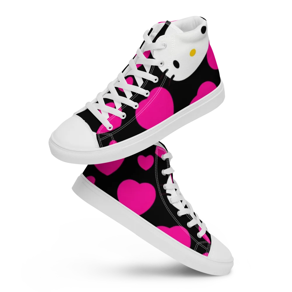 Neon Kitty Hearts on Men's High Top Canvas Shoes — Front