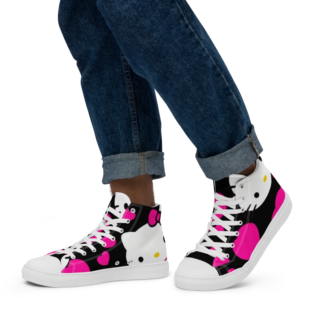 Neon Kitty Hearts on Men's High Top Canvas Shoes — Left