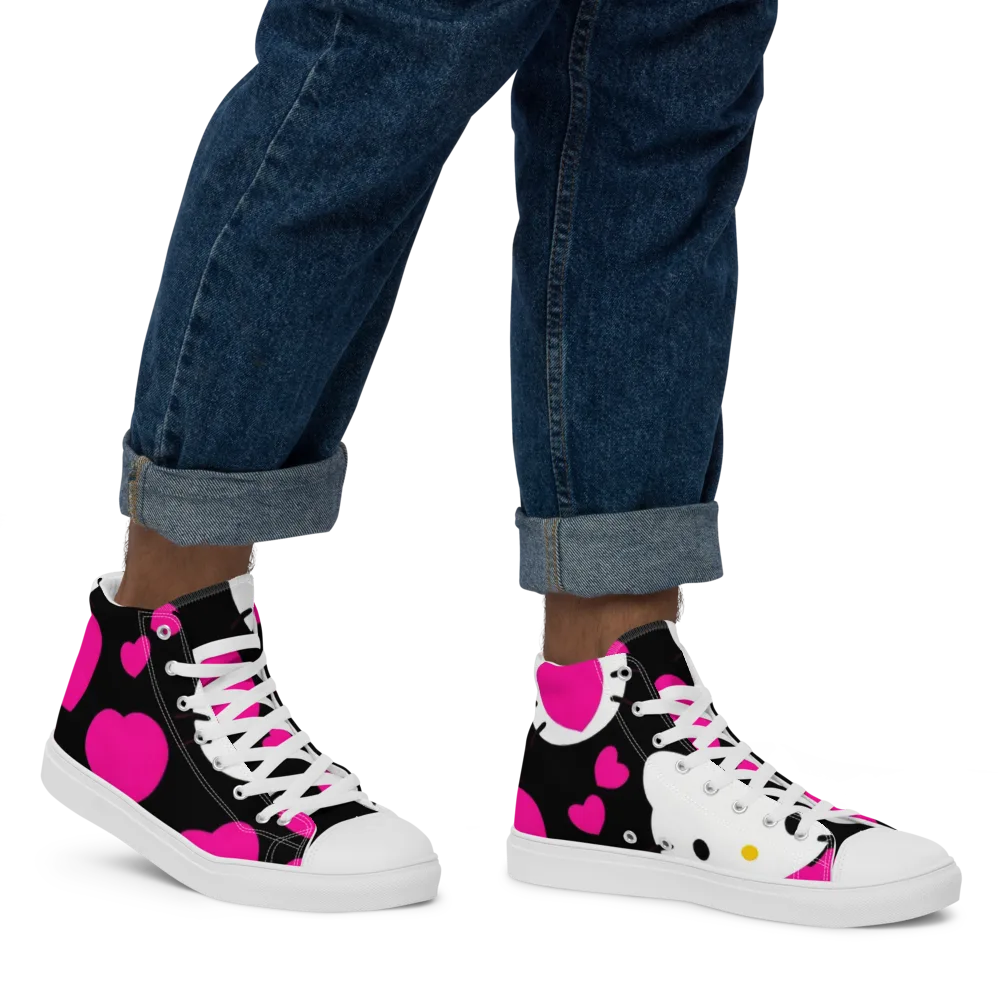 Neon Kitty Hearts on Men's High Top Canvas Shoes — Right