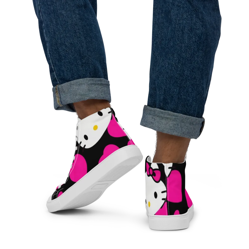 Neon Kitty Hearts on Men's High Top Canvas Shoes — Back