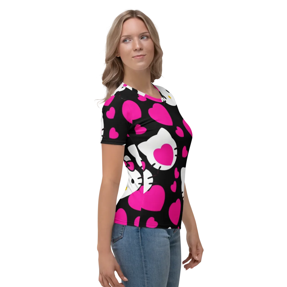 Neon Kitty Hearts on Women's Crew Neck T-Shirt — Right