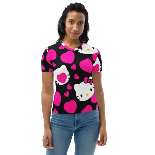 Neon Kitty Hearts on a Women's Crew Neck T-Shirt