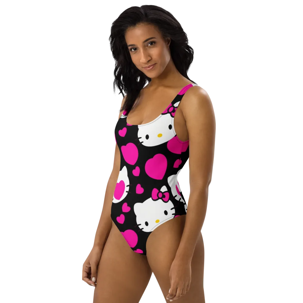 Neon Kitty Hearts on One-Piece Swimsuit — Left