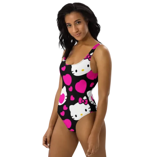 Neon Kitty Hearts on a One-Piece Swimsuit