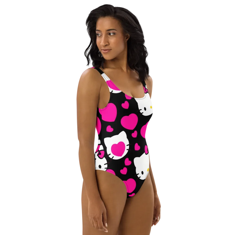 Neon Kitty Hearts on One-Piece Swimsuit — Right
