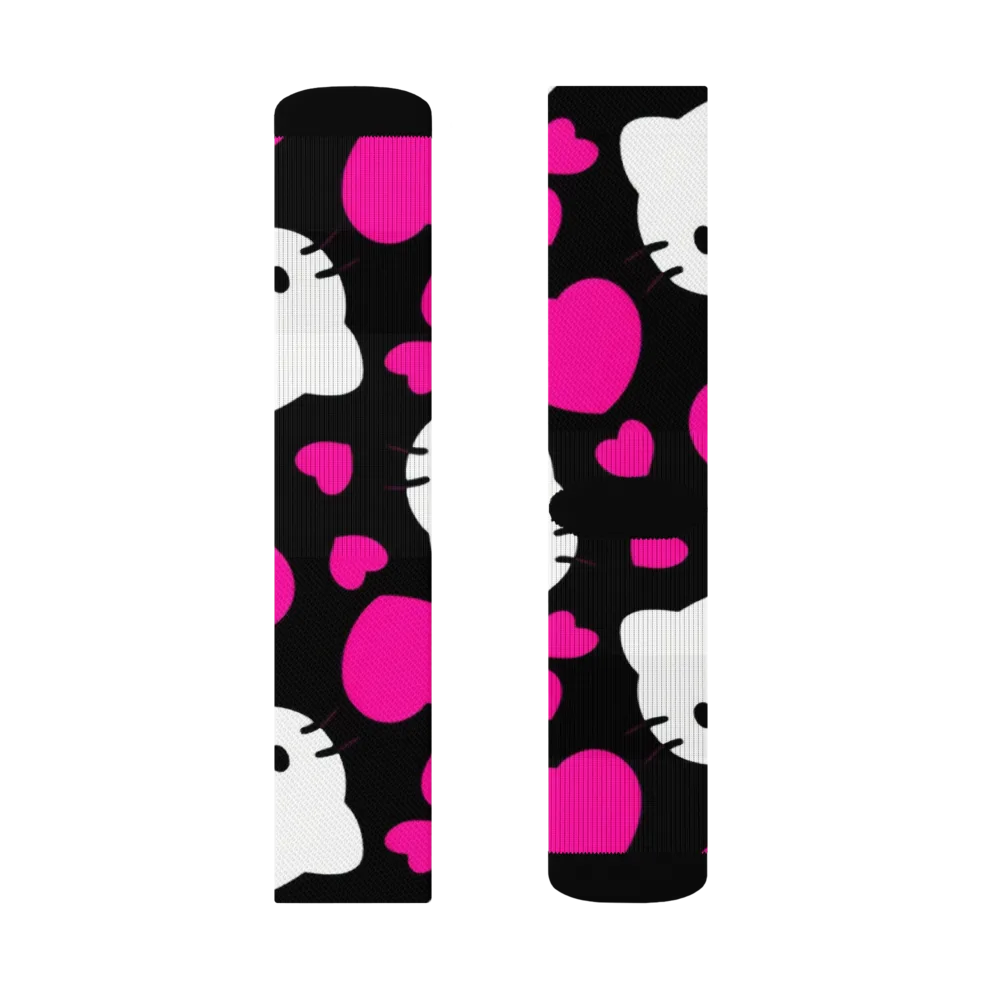 Neon Kitty Hearts on Socks — Left Sock