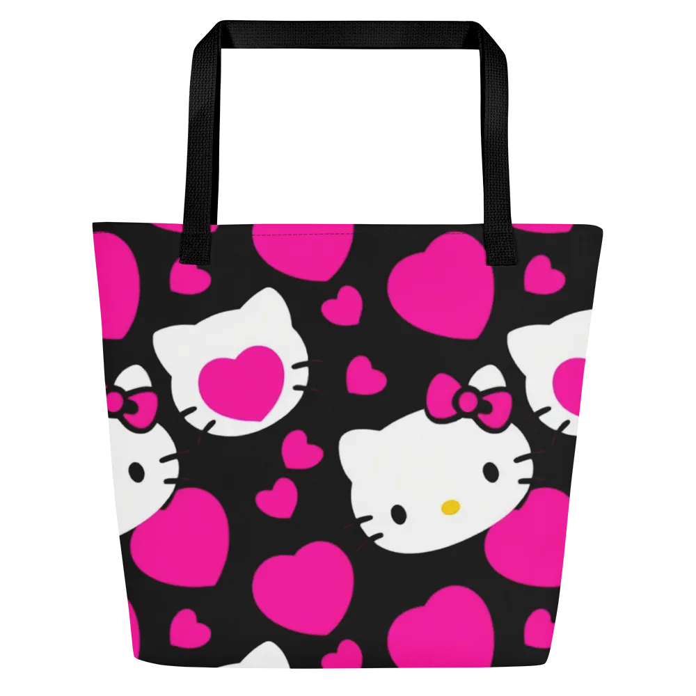 Neon Kitty Hearts on Large Tote Bag W/ Pocket — Front