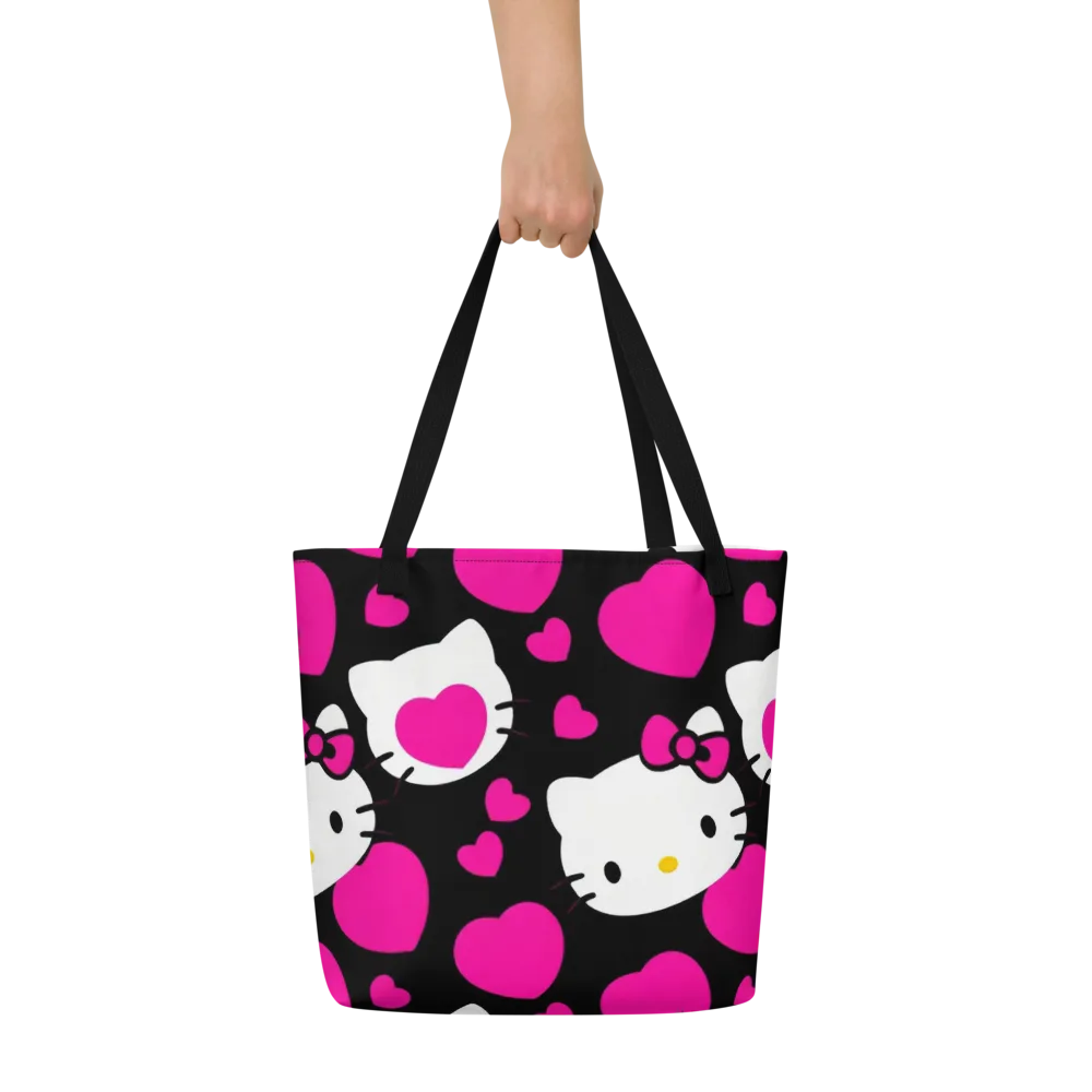 Neon Kitty Hearts on Large Tote Bag W/ Pocket — Front