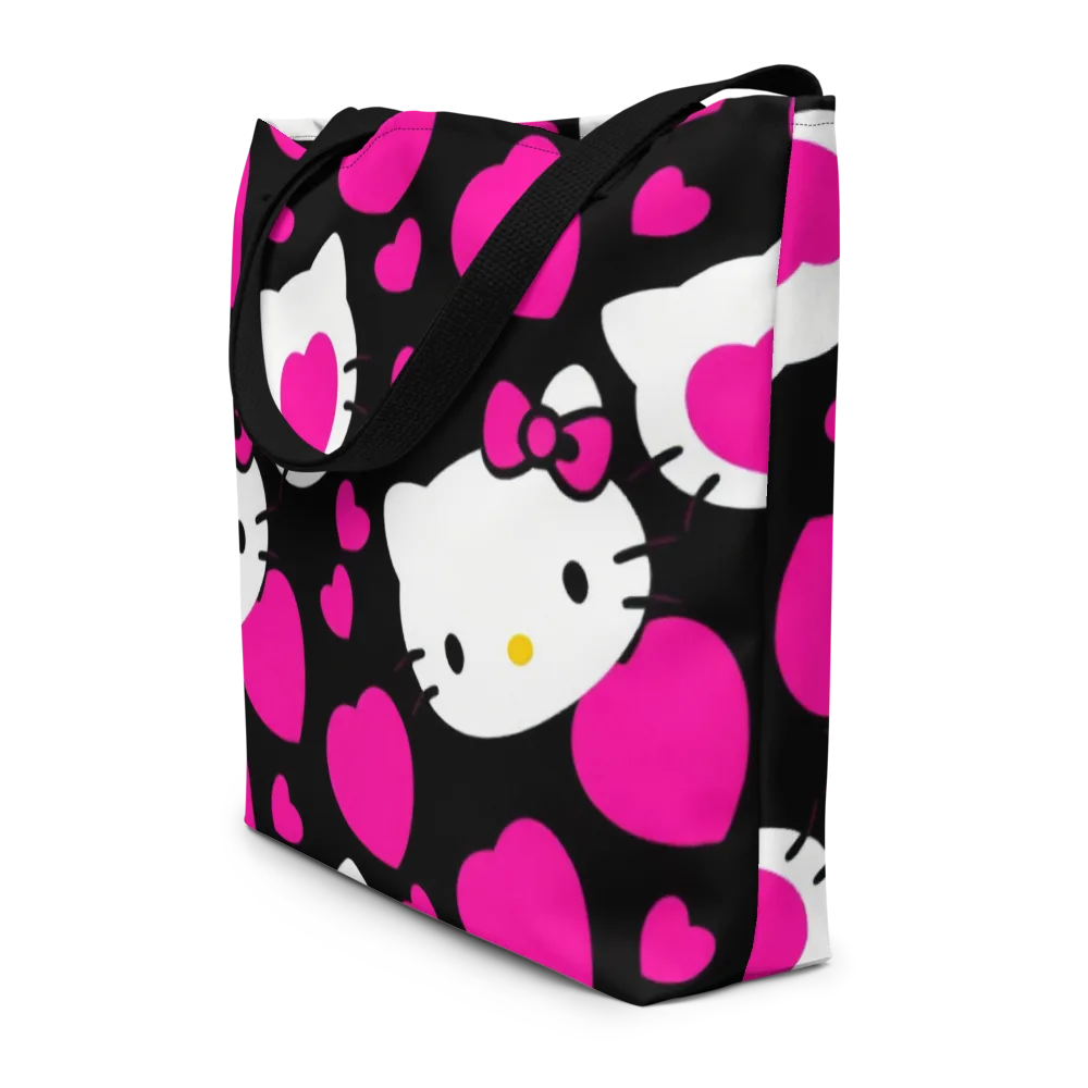 Neon Kitty Hearts on Large Tote Bag W/ Pocket — Front