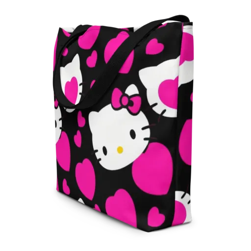 Neon Kitty Hearts on a Large Tote Bag W/ Pocket