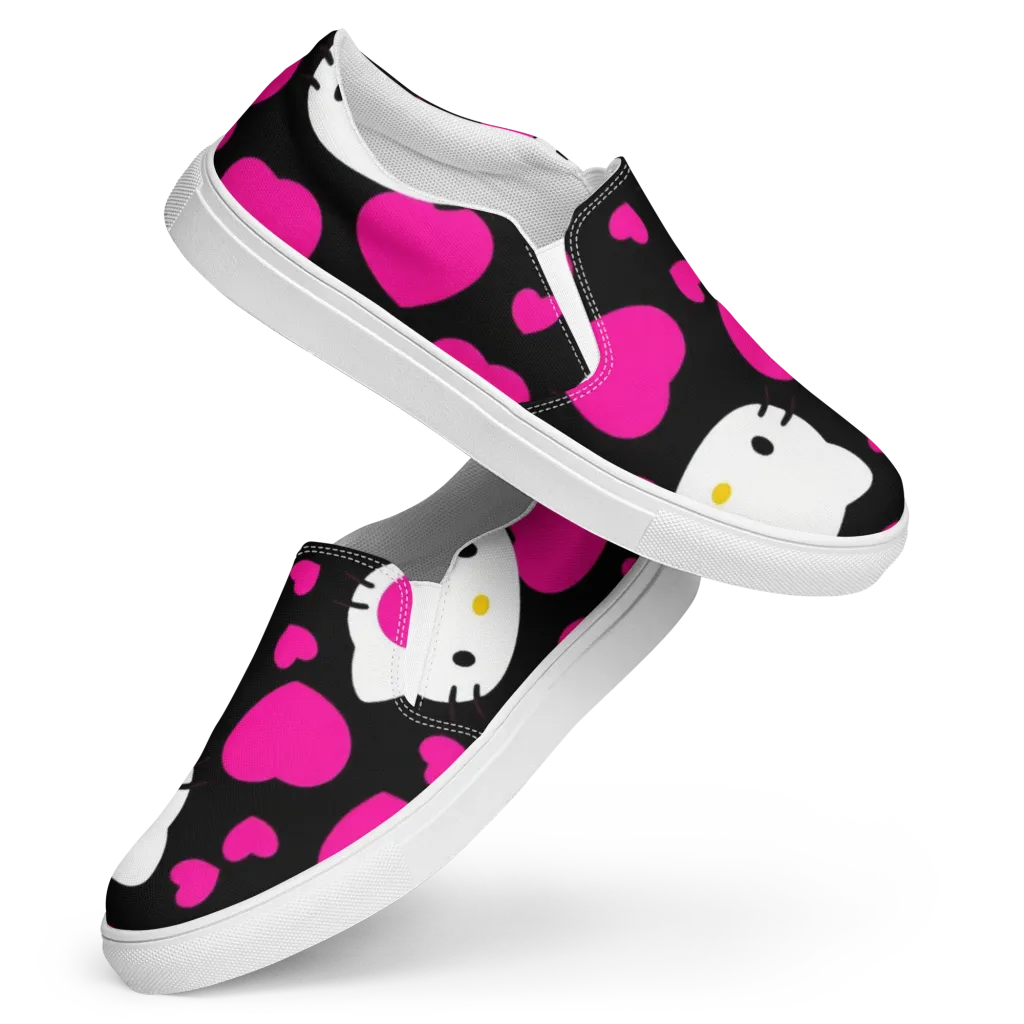 Neon Kitty Hearts on Women's Slip-On Canvas Shoes — Front