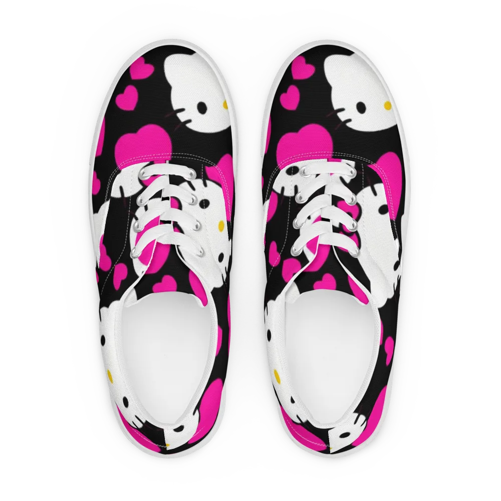 Neon Kitty Hearts on Men's Lace-Up Canvas Shoes — Front