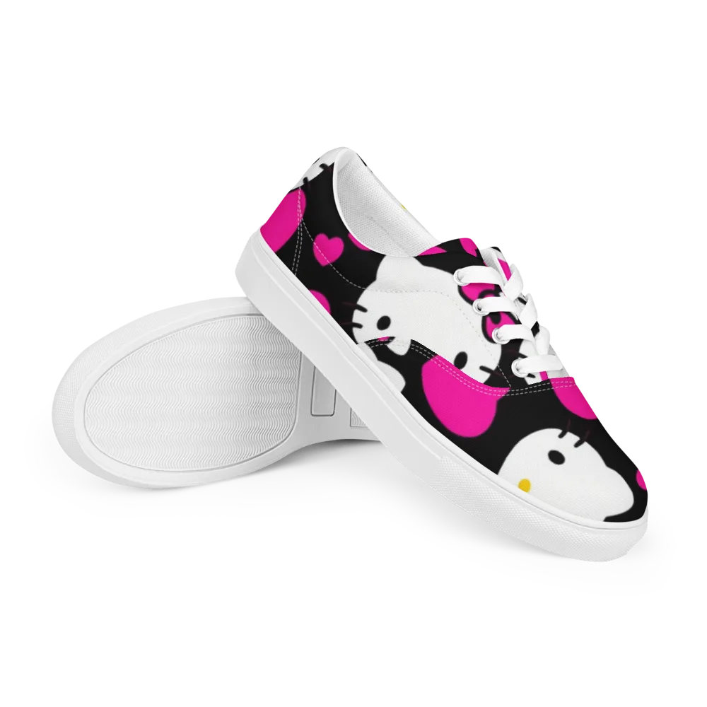 Neon Kitty Hearts on Men's Lace-Up Canvas Shoes — Right Front