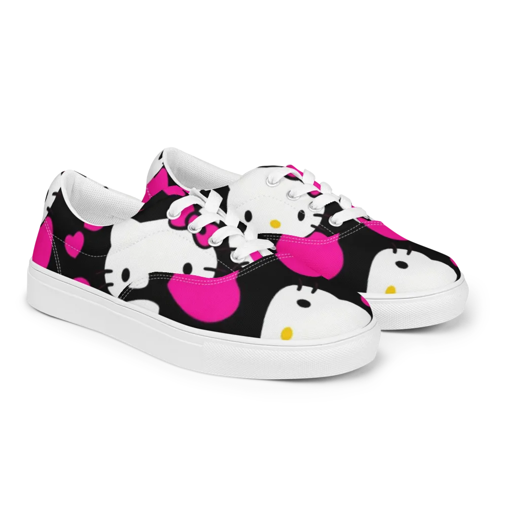Neon Kitty Hearts on Men's Lace-Up Canvas Shoes — Right Front