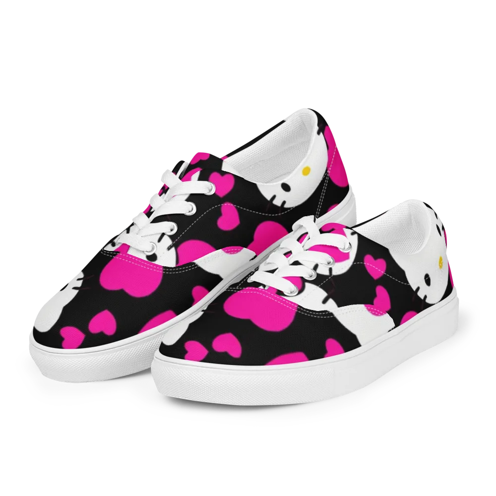 Neon Kitty Hearts on Men's Lace-Up Canvas Shoes — Left Front