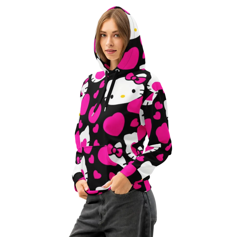 Neon Kitty Hearts on Cotton Hoodie — Left Front