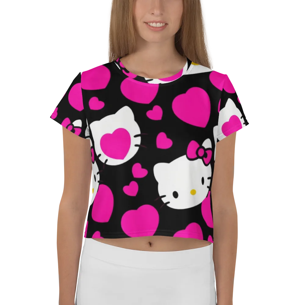 Neon Kitty Hearts on Crop Tee — Front