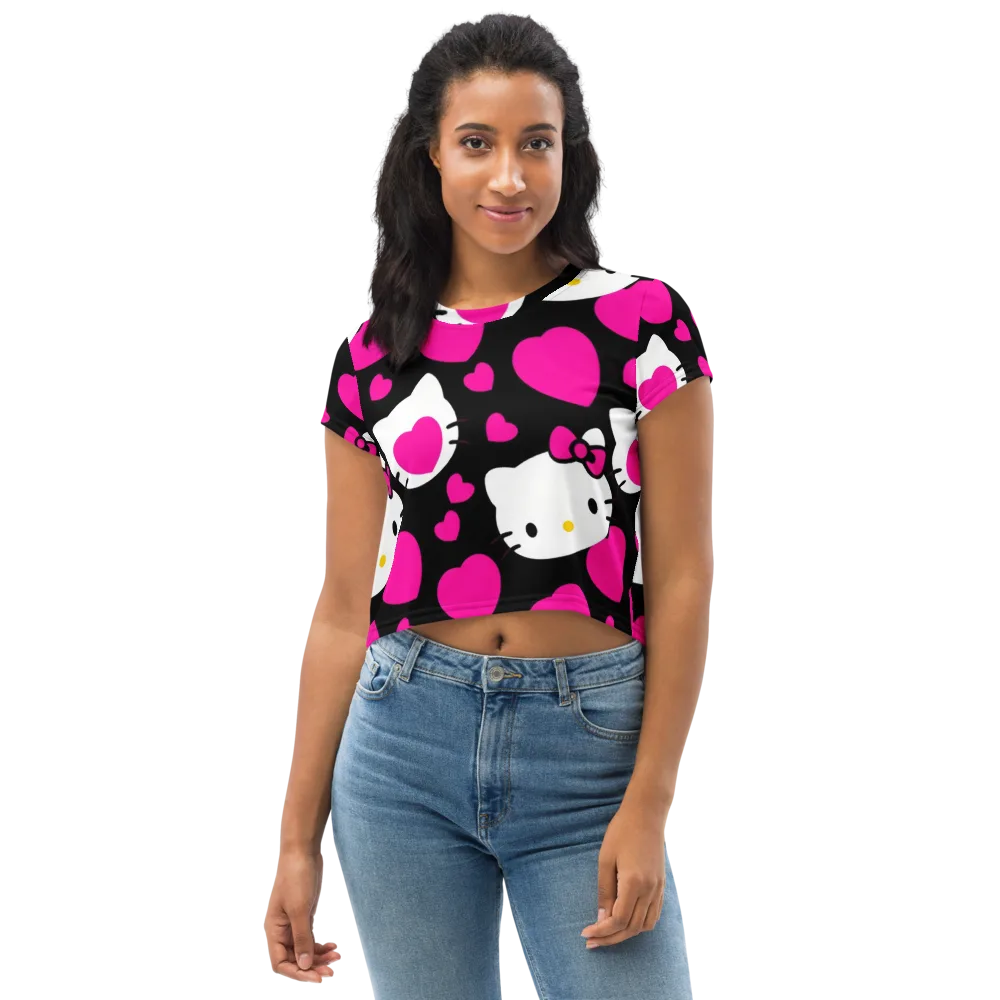 Neon Kitty Hearts on Crop Tee — Front