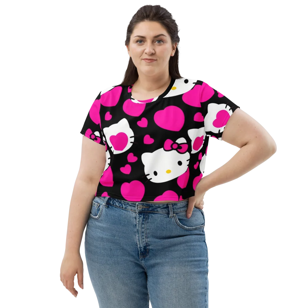 Neon Kitty Hearts on Crop Tee — Front