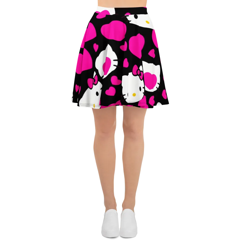 Neon Kitty Hearts on Skater Skirt — Front