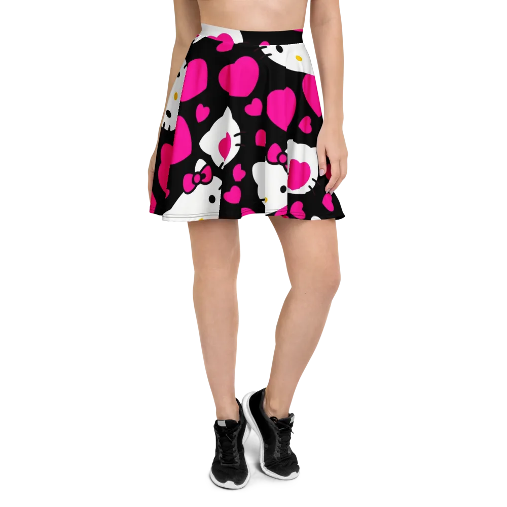 Neon Kitty Hearts on Skater Skirt — Front