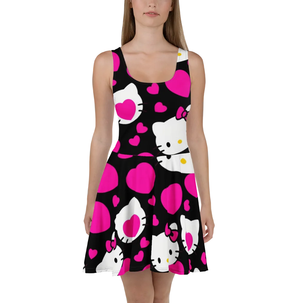 Neon Kitty Hearts on Skater Dress — Front