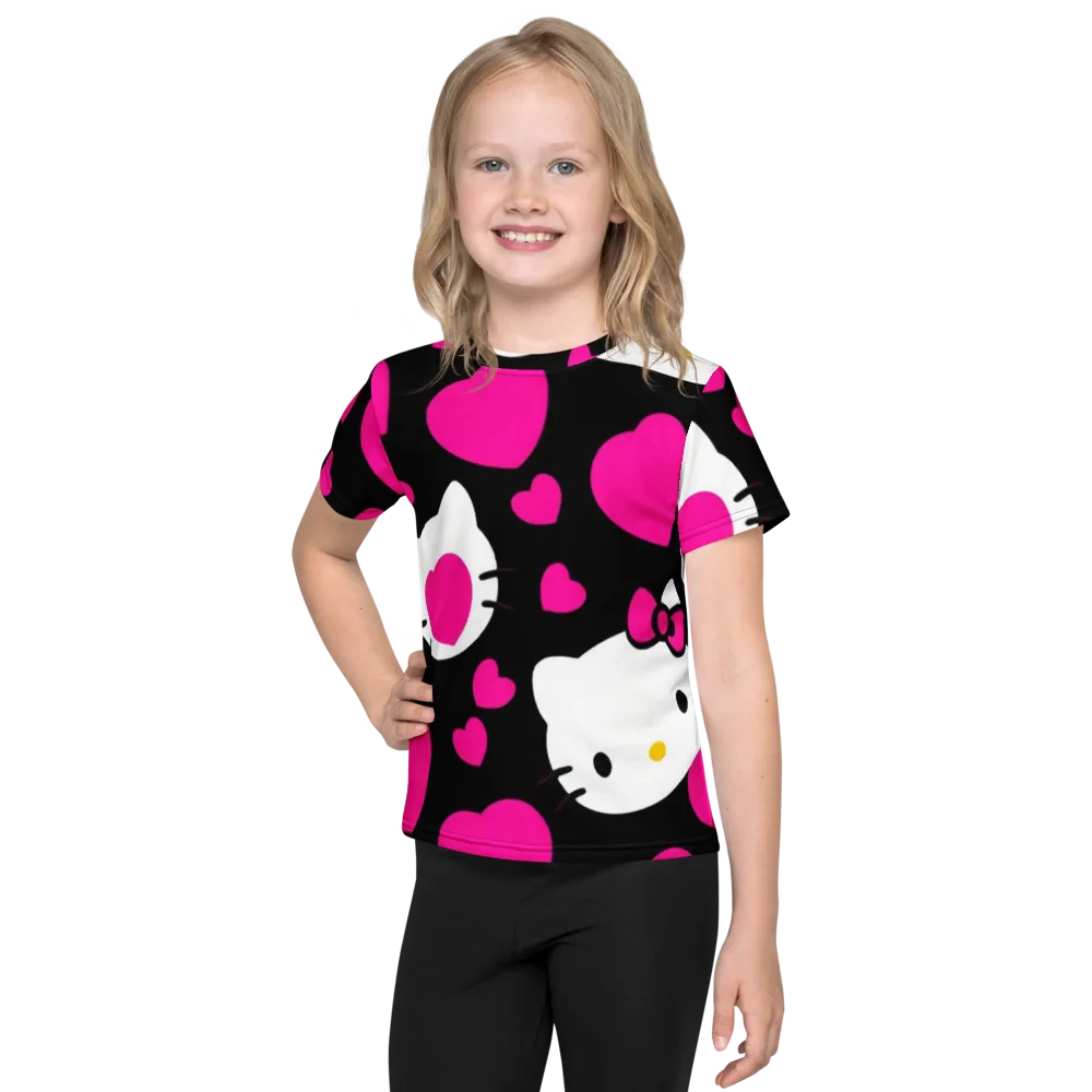 Neon Kitty Hearts on Kids Crew Neck T-Shirt — Front