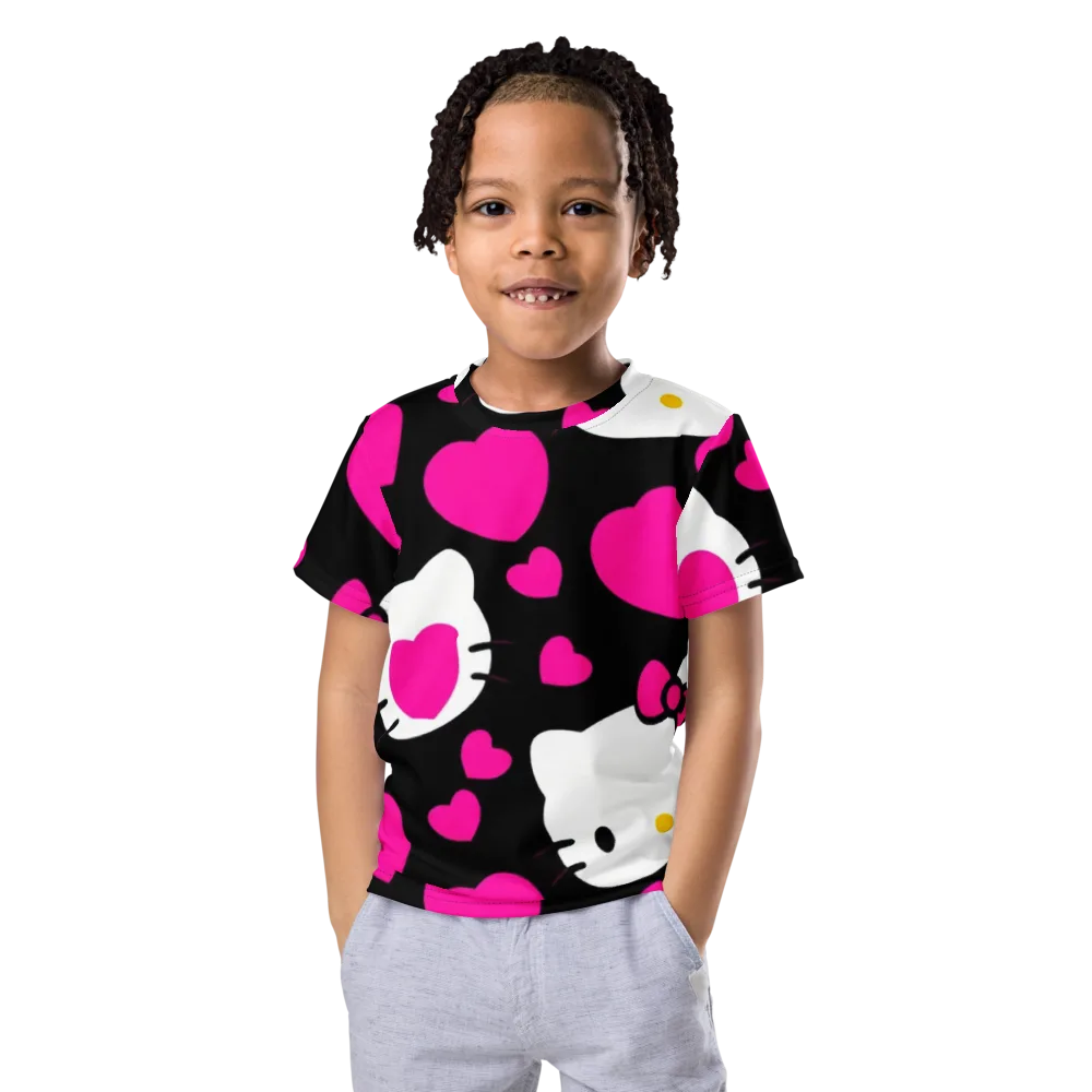 Neon Kitty Hearts on Kids Crew Neck T-Shirt — Front