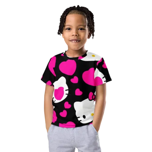 Neon Kitty Hearts on a Kids Crew Neck T-Shirt