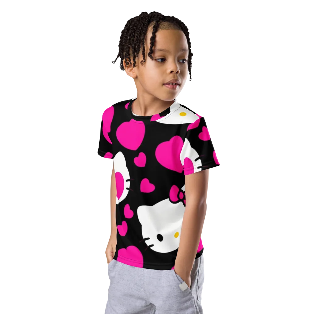 Neon Kitty Hearts on Kids Crew Neck T-Shirt — Left Front