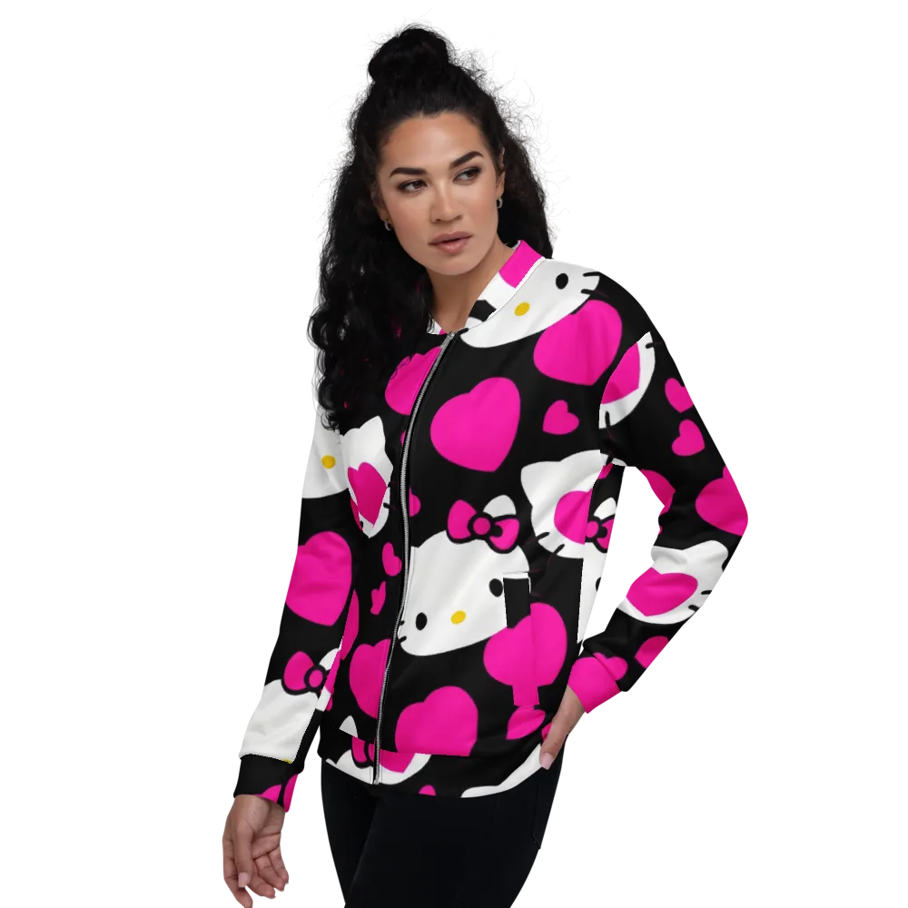 Neon Kitty Hearts on Bomber Jacket — Left