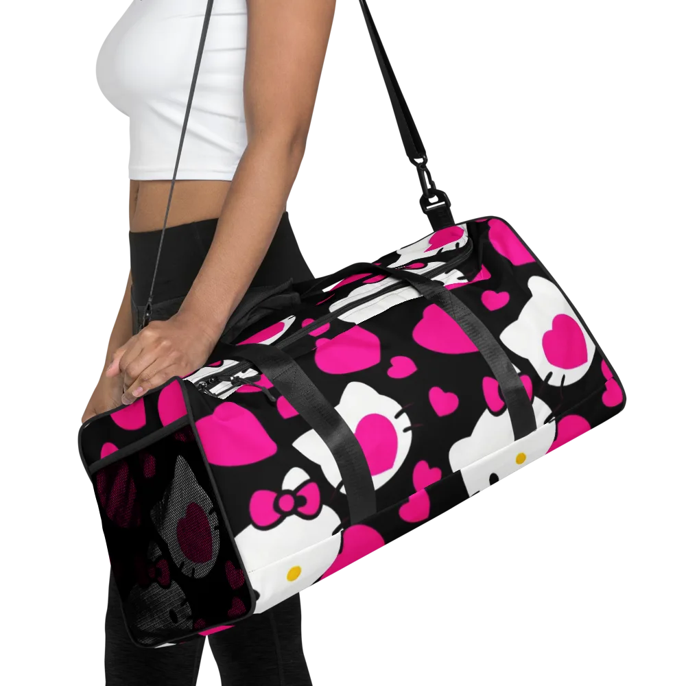 Neon Kitty Hearts on Duffle Bag — Front