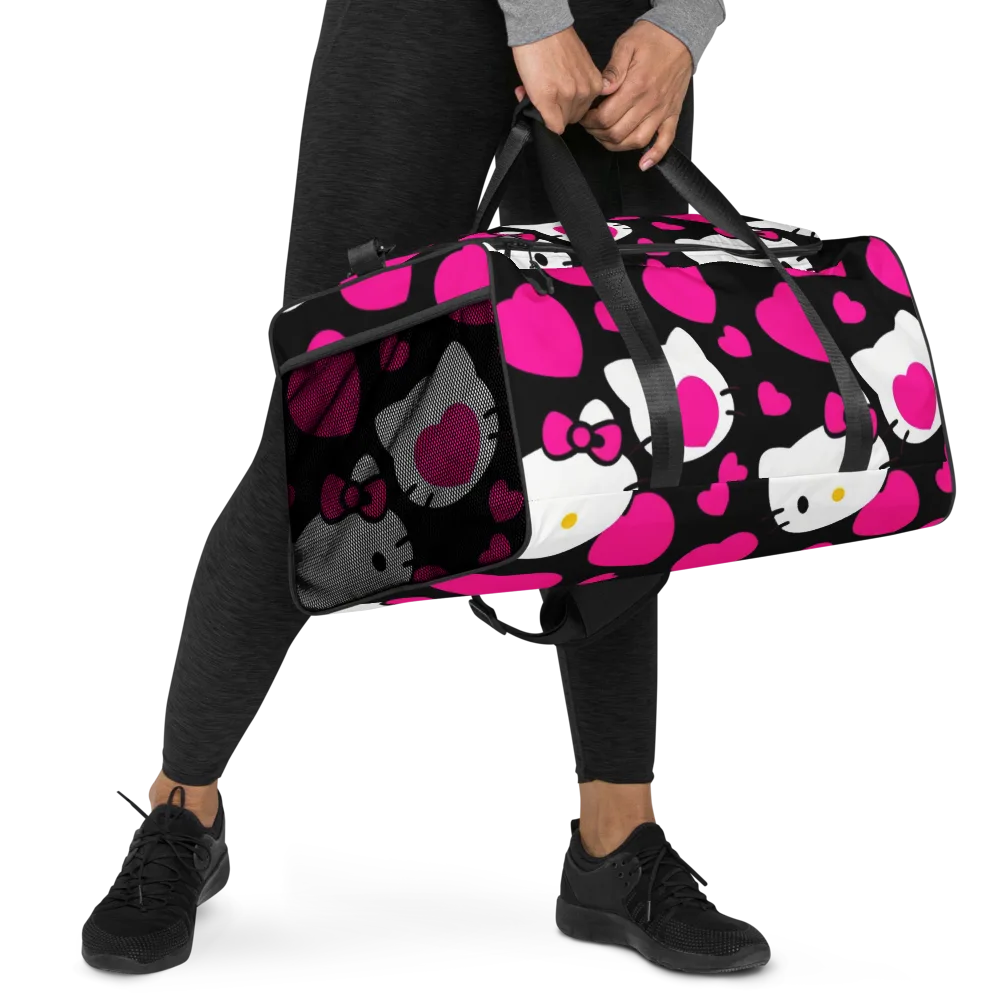 Neon Kitty Hearts on Duffle Bag — Right Front